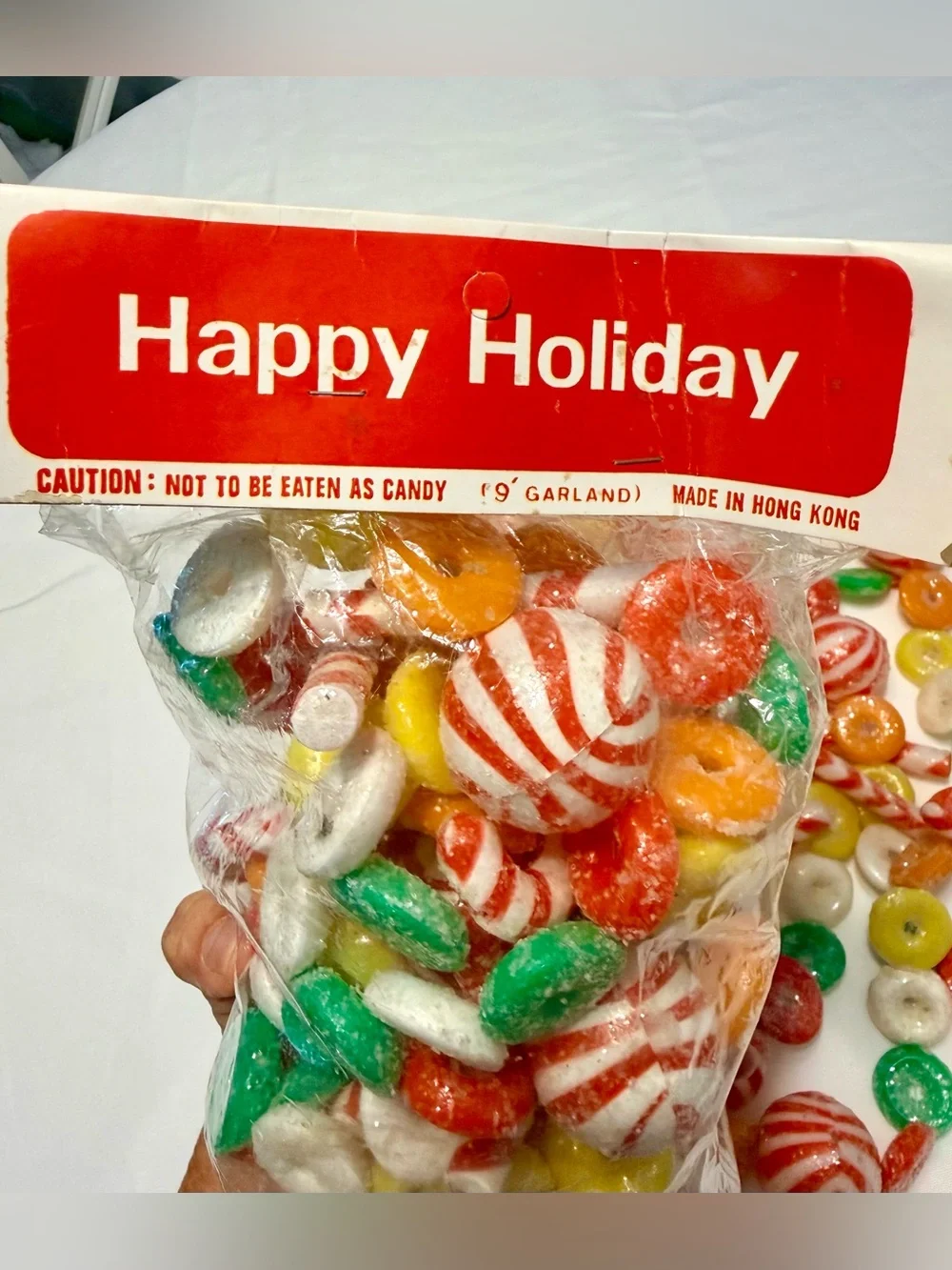 2-Vintage Christmas candy blow mold sugared garland. 9' 1/new 1/used